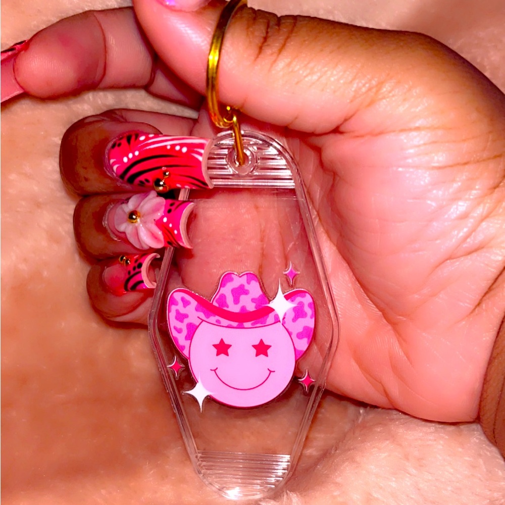 Pink Smiley Cowboy Keychain